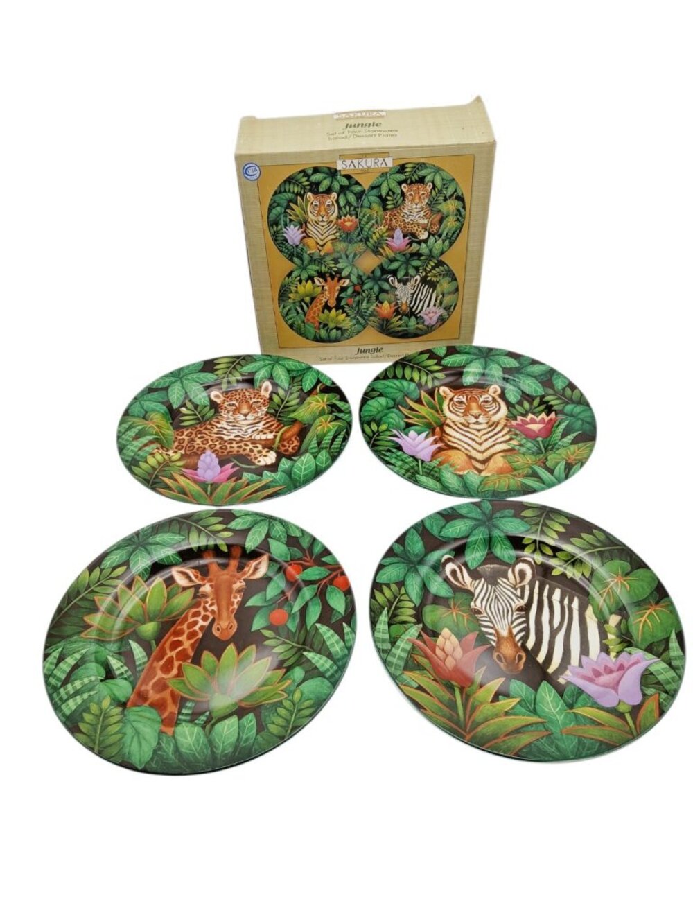Sakura Jungle Animals Salad Plates Set 4 Stephanie Stouffer Stoneware 8.25"